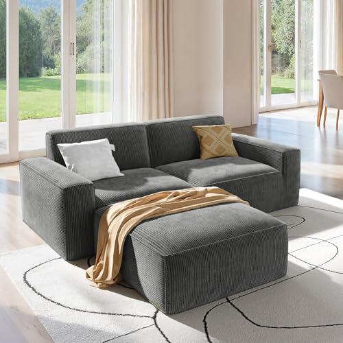 Amada 80" L Shaped Corduroy Sofa with Ottoman, Grey
