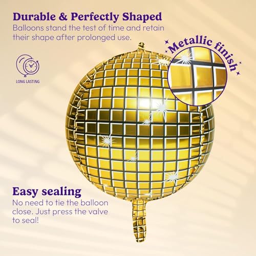 Image of 6Pcs 22Inch Golden Disco Ball Balloons - 4D Large Foil Balloons with Metallic Star for 70s Disco Dance Birthday Party