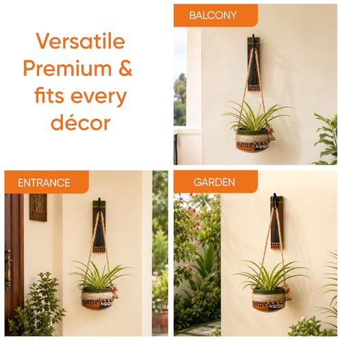 Image of AAKRITI ART CREATIONS Wall Hanging Planter with Hook | Jute Embellished Earthen Planter on Classic Wall Hook, Modern Art, Matte Finish | Metal, Terracotta & Wood
