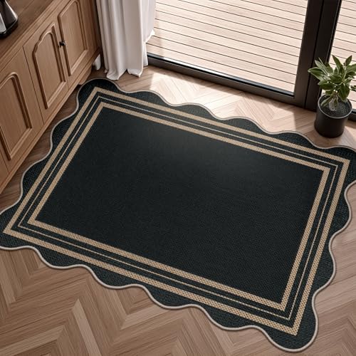 LORWER Easy Jute Black Kitchen Rug 2x3 Front Door Mat Washable Non Slip Small Entryway Rug Indoor Outdoor Farmhouse Scalloped Doormat for Bathroom Doorway Porch