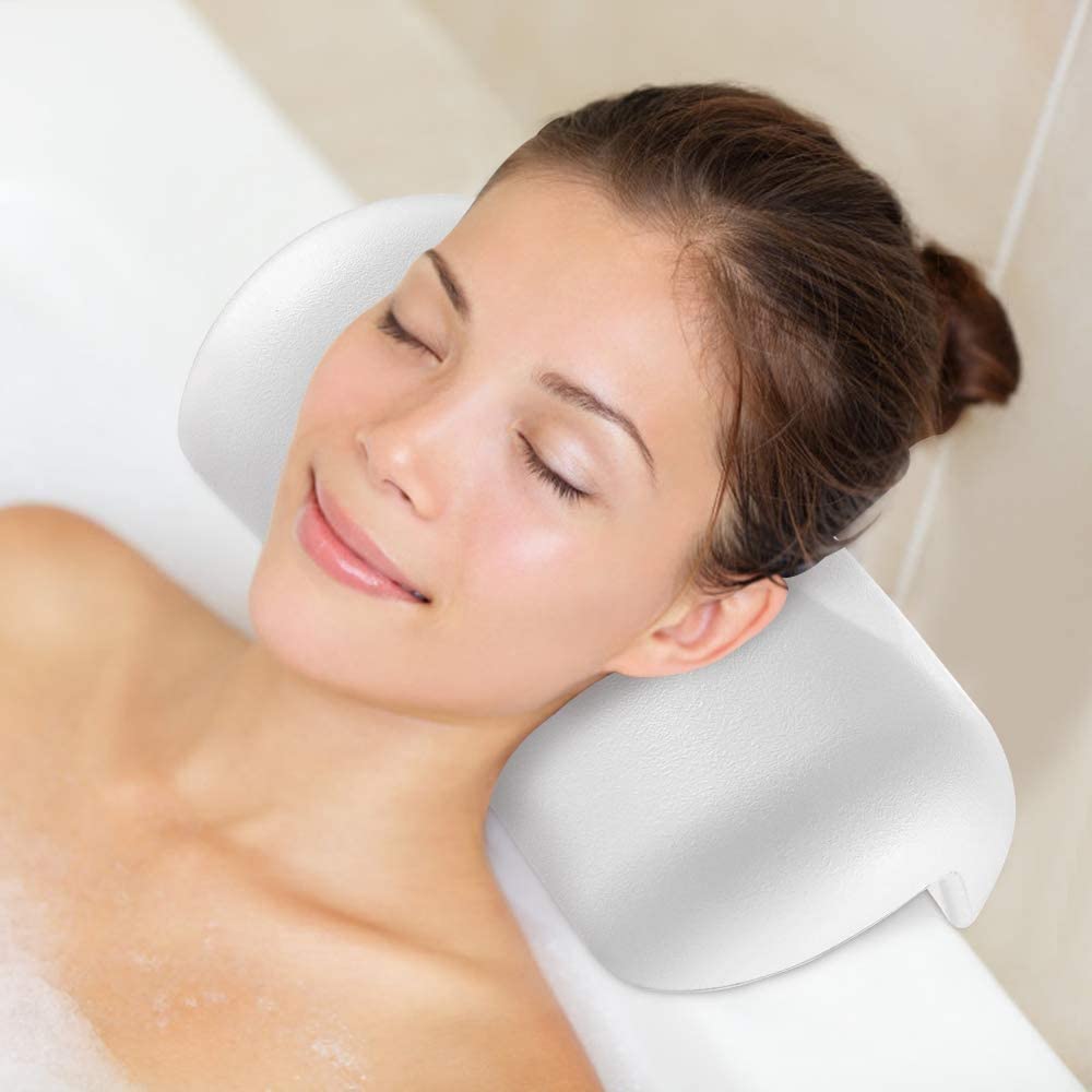 Cuscino da Bagno, Cuscino di Vasca da Bagno in PU con Ventose, Impermeabile Cuscino per Collo Testa Vasca da Bagno, Facile da Pulire, Cuscino Poggiatesta Ergonomico per Tutti i Tipi di Vasca - Bianco