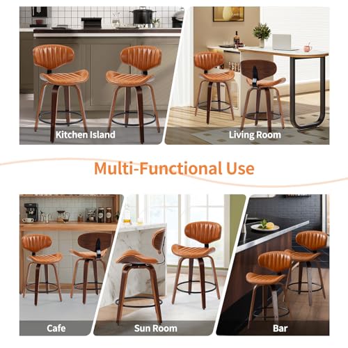 Butacos Giratorios de Barra, Juego de 2, Altura para Encimera, Asiento de Cuero Sintético PU y Estructura de Madera Curvada, con Reposacabezas y Reposapiés, Estilo Moderno, Color Marrón miniatura 6
