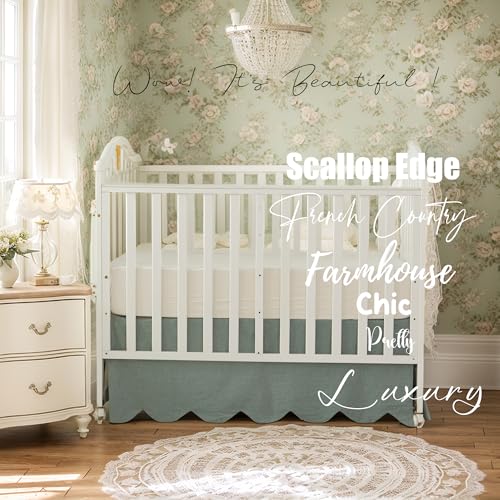 Image of Brandream Scallop Edge Organic Cotton Crib Skirt, Baby Boy, Baby Girl, Gender Neutral Crib Skirt Toddler Bedskirt Farmhouse Chic Nursery Crib Bed Skirt, Boho Bohemian Solid Sage Green Skirt