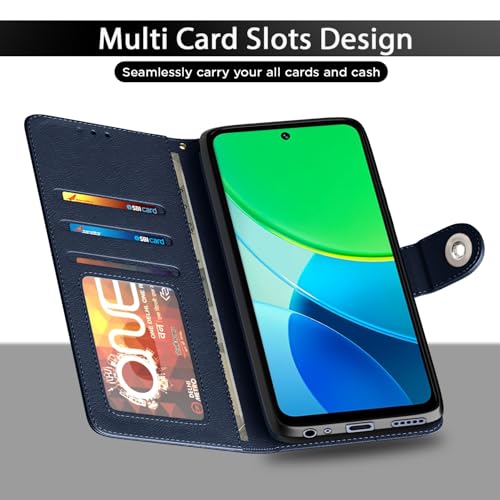 Image of Pikkme Flip Cover Leather Finish | Inside TPU with Card Pockets | Wallet Stand and Shock Proof | Complete Protection Button Flip Case for Vivo Y19s(Blue)