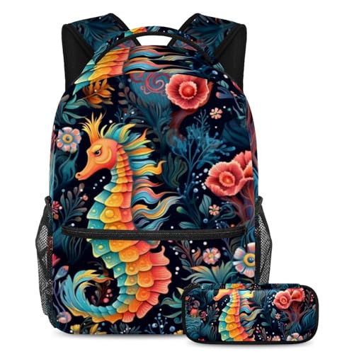 Sac à dos grand volume art floral ocean hippocampe et sa trousse