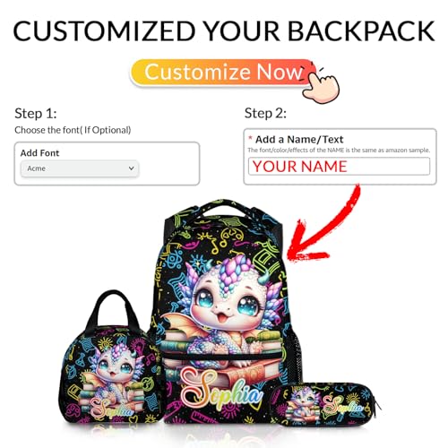 Kids Backpack for Girls - Set of 3 Custom Dragon Student Backpacks for School Toddler Kindergarten Elementary Primary Middle - 17’’ Lightweight Cute Personalized Bookbag - Back to School Supplies3