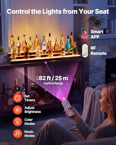 Image of VEVOR LED Lighted Liquor Bottle Display, 3 Tiers 48 inches, Acrylic Illuminated Home Bar Shelf Display with RF Remote & App Control, DIY Setup with Type-C Cables, 9 Static Colors, for 36-48 Bottles
