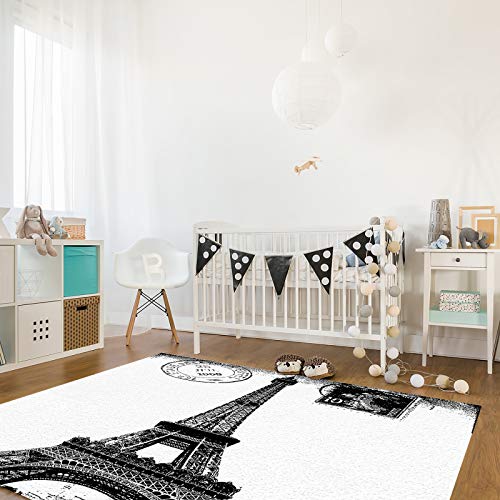 5' X 7' Paris Eiffel Tower Area Rug,Vintage Postmark Black White Outdoor Indoor Washable Carpet Area+Rug For Living Room,Kids/Boys/Girls Bedroom,Bathroom,Classroom,Kitchen,Hallway,Throw Floor Mat #TOP3
