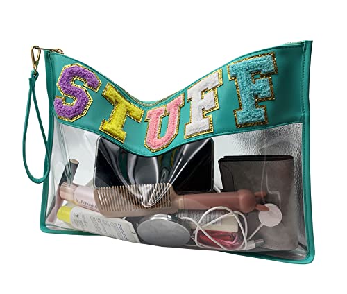 Image of HAIBOLAN Monogram Clear Stadium Purse Bag Chenille Letter Travel Patch Pouch Snack Makeup Wristlet