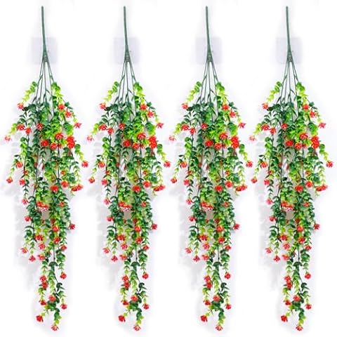 LUZOGA 4 Pcs Artificial Fake Flowers, Hanging Plastic Plants Outside,Eucalyptus with Camellia Vine Garland，Outside Indoor Decorations (Red-Eucalyptus) Cover