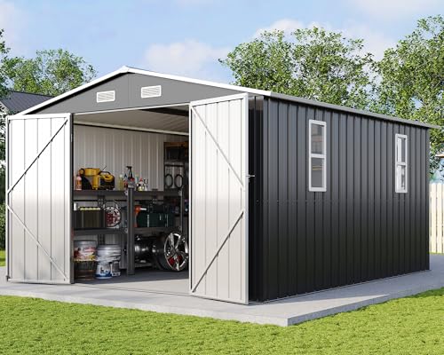 AMERLIFE 10x12x6.6 FT Metal Storage Shed with 2 DIY Windows, Outdoor Tool Shed with Hinged Double Doors & Vents, Reinforced Steel Frame for Backyard Garden, DIY Workshop, Dark Grey