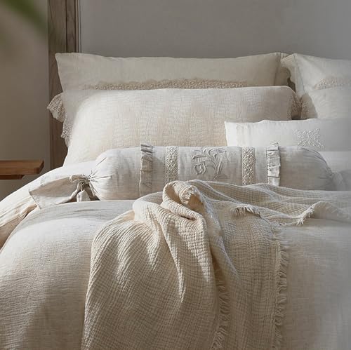Copripiumino in lino, per letto matrimoniale, con volant, traspirante, comodo, con federe increspate, per tutte le stagioni, lenzuolo con angoli