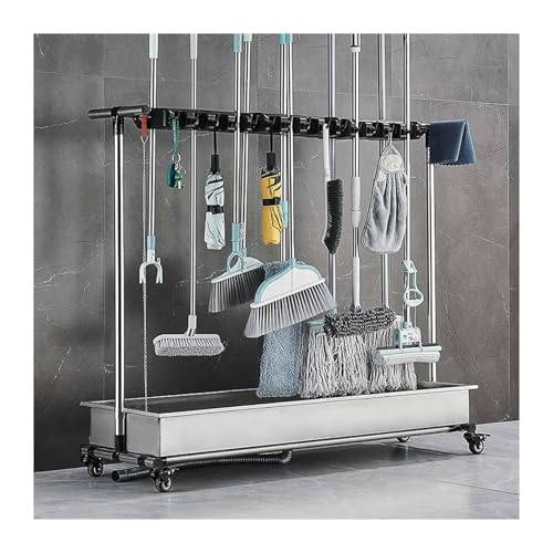 Support à balais avec 24 étagères et 30 Crochets, Chariot de Rangement Mobile en Acier Inoxydable pour Outils de Nettoyage, pour Jardin, école, sur Pied et à roulettes
