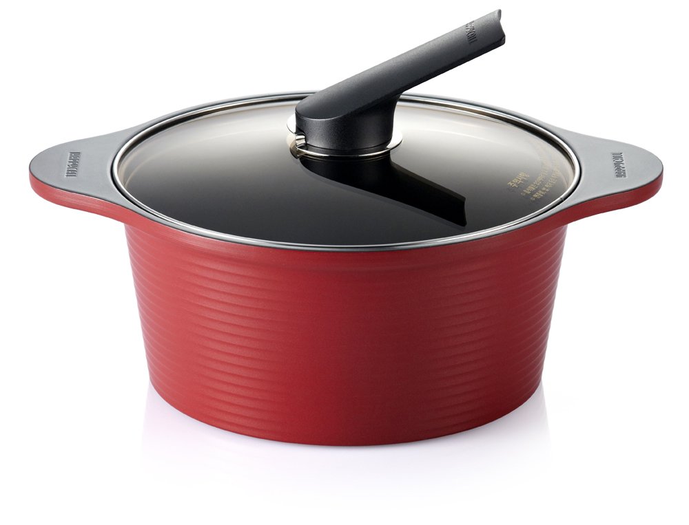Happycall Hard Anodized Ceramic Nonstick Pot, 4-Quart, Red, Oven Safe, Dishwasher Safe, Stockpot, With Glass Lid, Rivet Free, Cookware