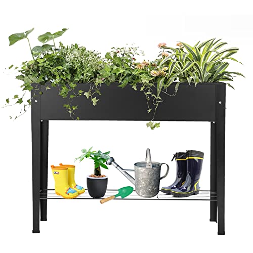 VEOAY Piksedo Raised Garden Bed, Elevated Planter Metal Plant Box with Legs Standing Garden Stand Drainage Holes Frosted Black