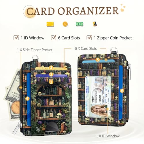 Image of Kelvoris Goth Bookshelf Slim Wallet Women Credit Card Holder, Small RFID | Keychain, Zipper Coin Pocket, Front Pocket Thin Travel Card Case, Minimalist, 6 Card Slots, 1 ID Window, Ladies Gifts Woman