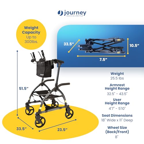 Journey UPWalker Standard – The Original Upright Walker – Premium, Lightweight Adjustable Upright Rollator Walker with Seat for Adults, Seniors & The Elderly - Thumbnail 4