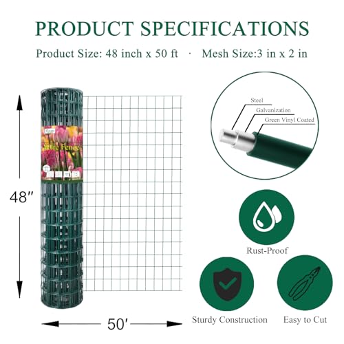 FOREHOGAR Green PVC Coated Welded Wire Fence 48 Inch x 50 Foot, 2 Inch x 3 Inch 16GA, Garden Border Fencing Roll Vinyl Coating Metal Wire Mesh for Yard Vegetable Plant Protection Poultry Netting by FOREHOGAR - Image 3
