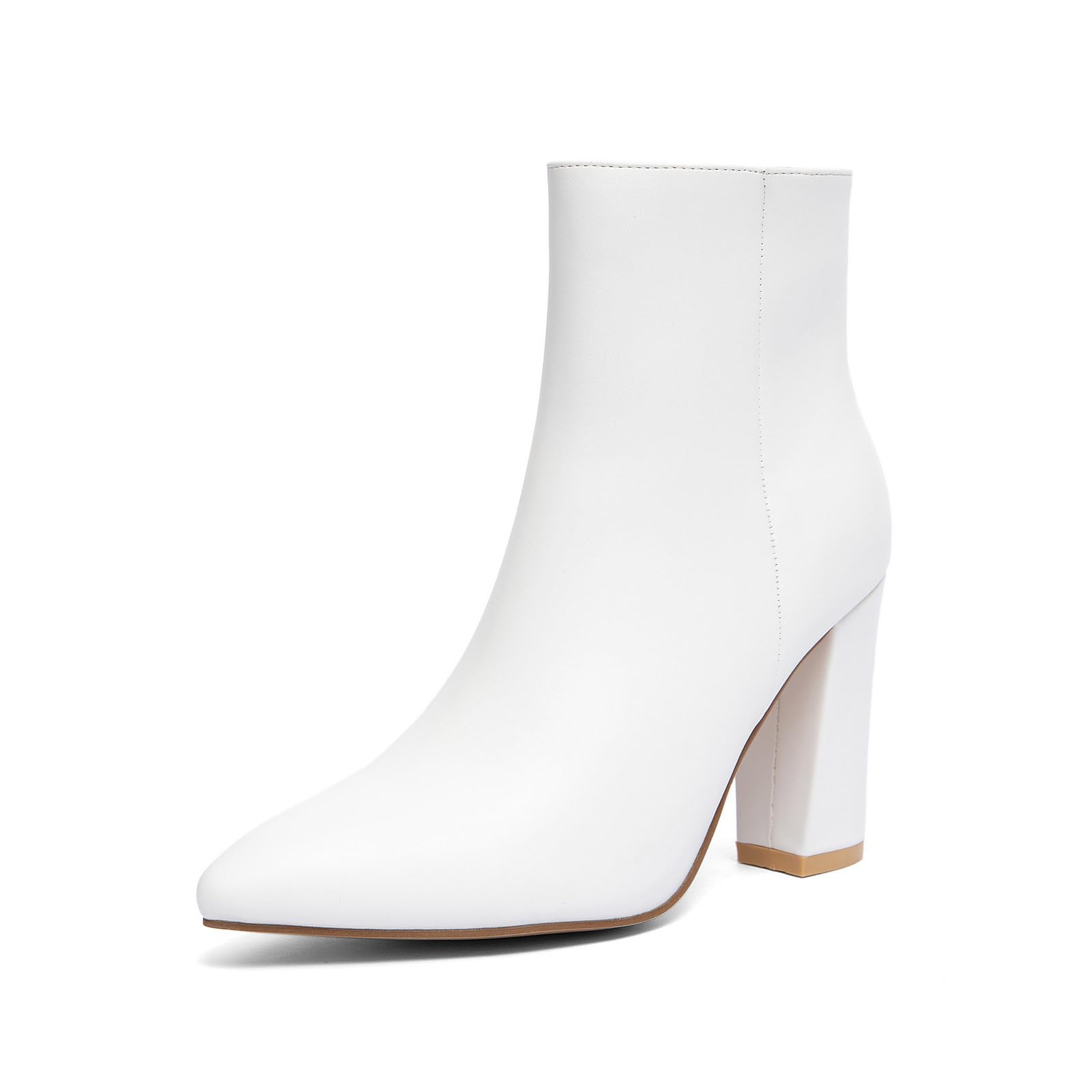 Womens Classic Pointed Toe Ankle Boots Ideal for dates banquets and office attire White faux leather Chunky heel