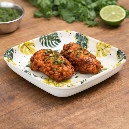 Image of SNKM - Melamine Quarter Snacks Plates | Leaf Printed Design | Set of 8 | Square | Unbreakable | Lightweight | for Snacks, Breakfast, Mughlai Lunch or Dinning | Yellow | Rectangular, Set of 8