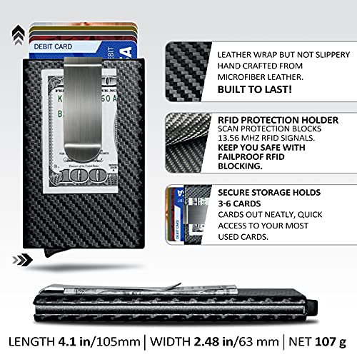 Image of MOSIYEEF Slim RFID Blocking Card Holder Wallet for Men - Minimalist Pop Up Credit Card Holder Wallet with Stainless Steel Money Clip, Carbon Fiber Leather Case, Holds 6 Cards - Ideal Gift for Him