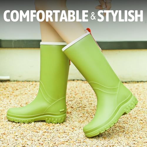 Image of rain boots women waterproof deck boots tall work boot comfortable Fishing boot lightweight chelsea bootie for Gardening Boating Camping Sailing green