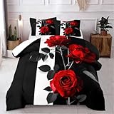 CCoutueChen Rose Comforter Set King Black Red Bedding Set Striped Floral Bedding for Women Aesthetic Comforter with 2 Pillowcases, Ultra Soft Lightweight 3Pieces