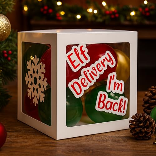 2025 Christmas Elf Arrival Balloon Box Kit with Red, Gold & Green Balloons + Cards To Decorate the Box - Elf is Back - Elf Arrival Decorations