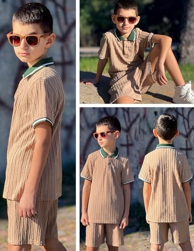 Image of Arshiner Boys 2 Piece Outfits Button Polo Shirt & Elastic Shorts 4-13 Years