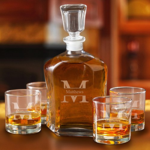 Personalized Whiskey Decanter 4 Low Ball Glasses Gift Set Monogrammed with Name and Initial - Stamped - Thumbnail 2