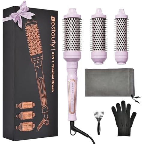 Bestauty 1.25/1.5/1.75" Curling Brush, 3 in 1 Interchangeable Heating Iron Barrels, 30s Quick Heating Curling Brush, 5 temperatures 290°F-450°F Thermal Round Brush for All Type Hair Cover