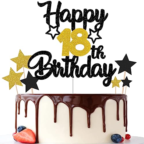 Gidobo Décorations de gâteau d'anniversaire pour 18e anniversaire, décorations de gâteau noires et dorées avec étoiles, fournitures de fête d'anniversaire de dix-huit ans pour garçons et filles