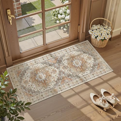 Madane Washable Area Rug 2x4, Small Entryway Rug Non-Slip Vintage Door Mat Indoor Entrance, Low Pile Floor Carpet Runner for Inside Front Door Kitchen Entry Laundry, Turmeric/Grey