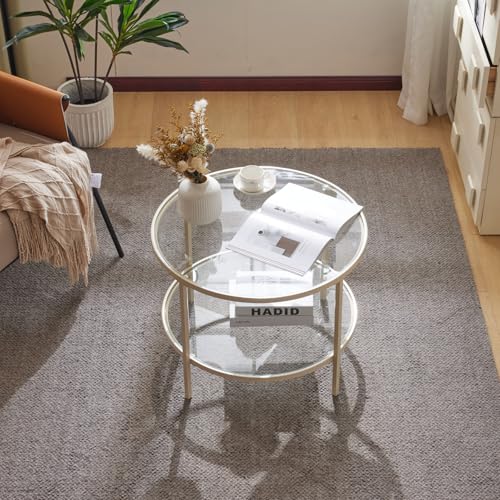 Image of VINGLI Glass Coffee Table, 25.6 inch Round, 2-Tier With Storage, Modern Center Table With Beige Frame, Transparent for Living Room, Mesa de Centro Para Sala
