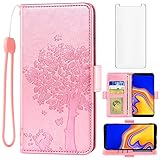 Asuwish Compatible with Samsung Galaxy J4 Plus Wallet Case and Tempered Glass Screen Protector Flip Wrist Strap Card Holder Cell Phone Cover for Glaxay J4 Prime Gaxaly J4 Core J4+ 2018 Women Rose Gold