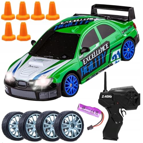 Image of Rc Drift Remote Control Car 1:24 Scale, High-Speed, 4Wd, Led Lights, Rechargeable Racing Car, Drifting Tires, 2.4Ghz, for Kids (1:24 RC Drift - Green)
