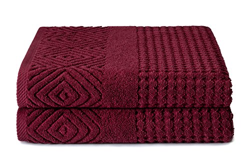 Texere 100% Organic Cotton Diamond Jacquard 700 GSM Luxury Bath Towel Sets - Ultra Soft and Absorbent Hotel and Spa Quality (Diamond, Merlot, 2 Bath Towels)