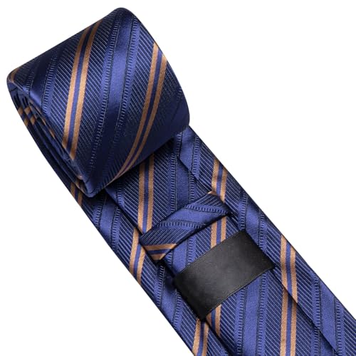 Image of Dubulle Mens Paisley Floral Silk Tie for Men Blue Brown Striped Necktie and Pocket Square Cufflinks Set Wedding Business
