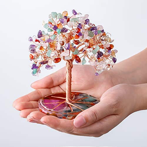 Zenbless 7 Chakra Healing Crystals Stones Tree, Colorful Crystal Stone Leaf Wire Wrapped On Natural Agate Slice Base, Home Office Desk Living Room Feng Shui Decoration For Wealth And Luck #TOP6