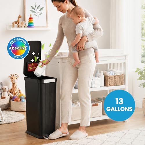 Image of Patented 13 Gallon STEP Diaper Pail - Fits Kitchen Bags, Odor Filter Baby Trash Can, 135 Diaper Capacity, No Refills Needed, for Nursery Diapers and Adult Incontinence Underwear - Matte Black