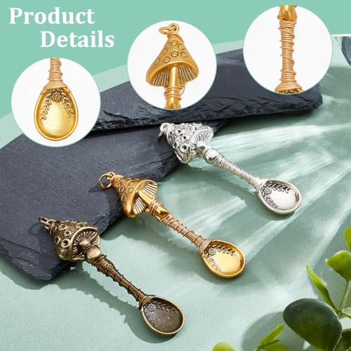 NBEADS 3 Pcs Alloy Mushroom Spoon Pendants, Wire Wrapped Necklace, Spoons for DIY Craft Jewelry Making 6.8cm Long - Image 3