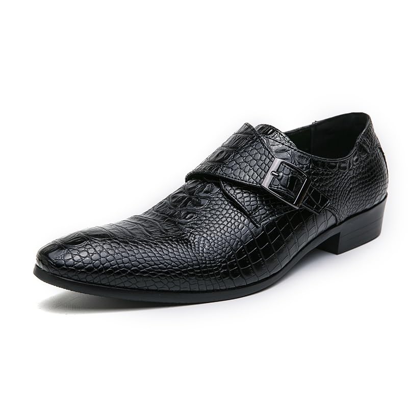 HOOENG Formal Shoes for Men Slip On Pointed Burnished Toe Faux Leather Crocodile Print Monk Strap Block Heel Slip Resistant Anti-Slip Outdoor(Color:Black,Size:7.5)
