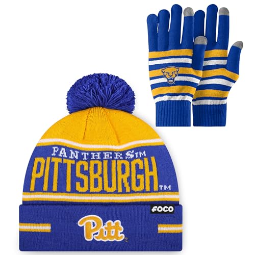 FOCO Pittsburgh Panthers NCAA Stretch Glove & Big Wordmark Stripe Pom Beanie - Bundle