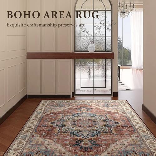 Deerly Washable Bedroom Area Rug 4x6 Indoor Thin Carpet for Living Room Boho Vintage Rug for Kitchen Entryway Dining Room Office Non-Slip Low Pile, Brickred/Multi