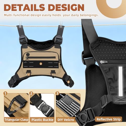Image of Muserise Sports Chest Bag For Men Women, Water Resistant Lightweight Front Chest Pack, Running Vest Bag With Built-In Phone Holder & Extra Storage For Workouts, Running, Cycling (Khaki)