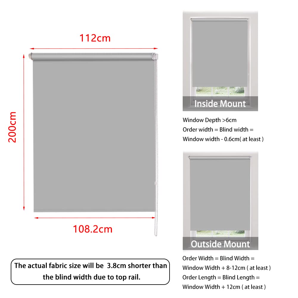SMONTER Tenda avvolgibile in tessuto impermeabile al 100% oscurante, isolante termico, protezione UV, per camera da letto, facile da installare, 112 cm di larghezza x 200 cm di lunghezza (grigio)