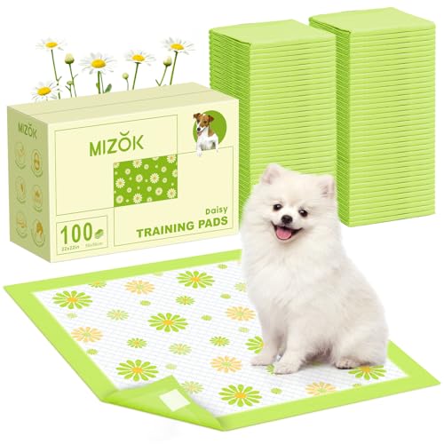 Image of MIZOK Puppy Pads 22 inchx22 inch, Dog Pee Pads 6-Layer Super Absorbent & Leak-Proof, Daisy Pattern, 4-Corner Adhesive Tabs, Wee Wee Pads for Puppies & Small Dog Breeds, Regular Size (100 Counts)