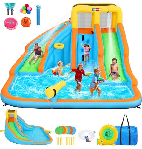 Whubefy Inflatable Water Slide for Kids Backyard 6 in 1 Double Water Slides Bounce House with Blower, 5 Toys, Splash Pool,Climb Wall, Outdoor Blow Up Water Park Waterslide Bouncy Castle for Kids Gifts