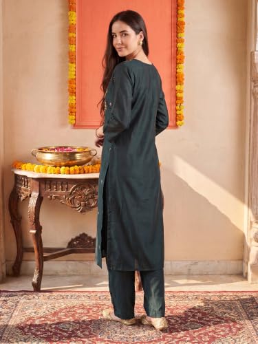 Image of INDO ERA Women's Silk Blend Floral Embroidered Thread Work Kurta & Pant with Dupatta Set