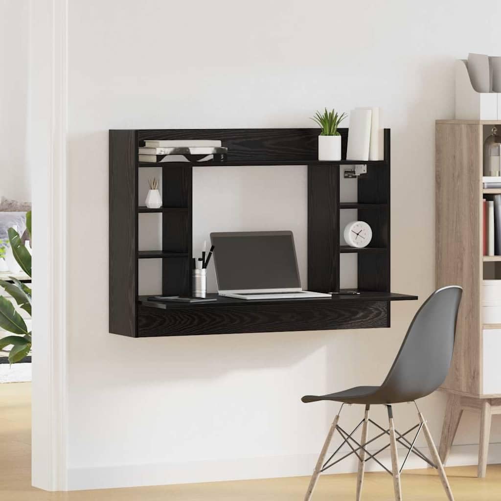 Wandtisch Schwarz Eichen-Optik 105 x 48 x 75 cm Holzwerkstoff mit integrierten Regalen für platzsparendes Home-Office und Moderne Büroorganisation
